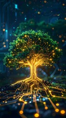 Digital Tree of Life with Glowing Circuit Roots