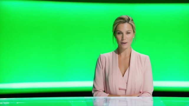 A polished news anchor delivers informative content in a contemporary studio. The green backdrop adds flair to this engaging presentation. Ideal for various media projects. AI
