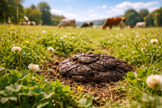 Cow dung in a lush green field with blooming flowers