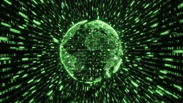 Abstract green matrix code moving across a black background