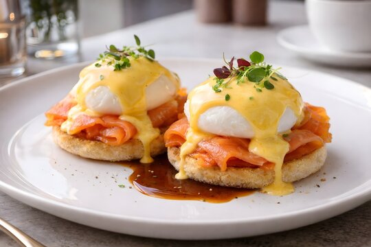 A simple and elegant breakfast featuring eggs benedict with hollandaise sauce and smoked salmon.Garnished with fresh microgreens and presented neatly in a hotel brunch setting with soft natural light.
