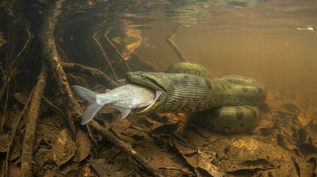 Anaconda swallowing a fish(魚を丸呑みするアナコンダ)