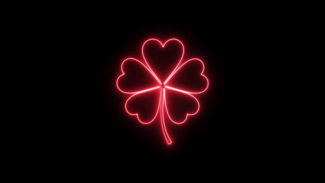 Glowing Neon Four Leaf Clover on Black Background, St. Patrick&rsquo;s Day