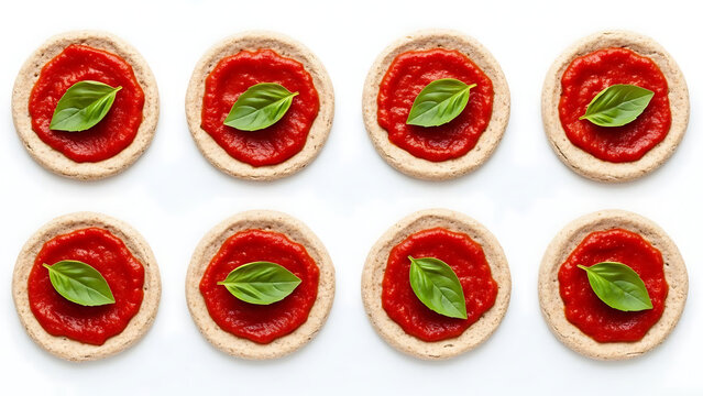 Eight individual mini pizza bases, each topped with vibrant red tomato sauce and a fresh green basil leaf, perfectly arranged on a clean white background, ideal for appetizers or snacks