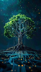 Digital Tree of Life with Glowing Circuit Roots
