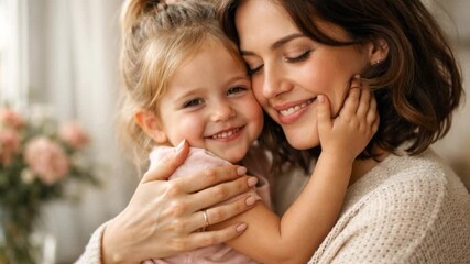 A loving mother gently embracing her smiling daughter indoors, capturing warmth, tenderness, and emotional connection for a heartfelt Mother’s Day celebration.