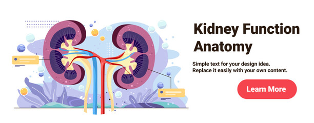 Kidney function anatomy human organ diagram blood vessels cross section medical educational banner template abstract background