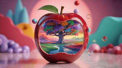 Red Apple with Tree Landscape and Bubbles 3D surreal abstract background