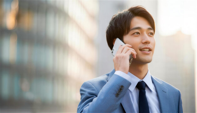 夕方の光の中で電話をするスーツ姿の男性