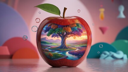 Shiny apple with tree landscape and bubbles leaf fruit