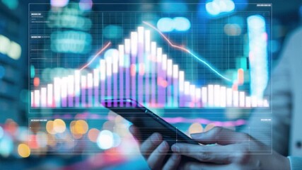 A close-up of a hand holding a smartphone displaying stock market graphs and data in a modern urban environment. - Powered by Adobe