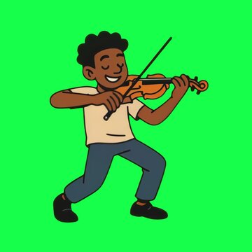 Joyful cartoon violinist playing music animation, transparent 4K video, green screen