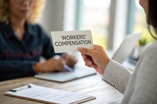 Discussion on workers' compensation between two individuals in an office setting with documents
