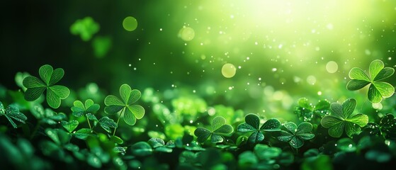 Horizontal St Patrick’s Day banner with green clover leaves on glowing background, festive Irish holiday concept for greeting cards, and seasonal designs