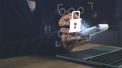 Cybersecurity interface with digital lock icon and password field highlighting data protection, privacy, and secure access, used on mobile phone by businessman for online safety and secure login.