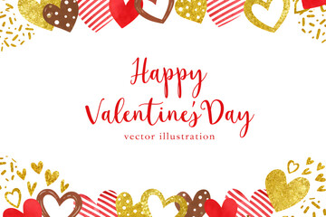 ハッピーバレンタインデー　水彩ハートフレームと赤い手書き文字のデザイン