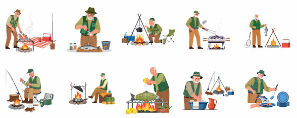 Fototapeta premium Senior fisherman outdoor activities set: catching, cleaning, and cooking fresh fish over a campfire during a relaxing nature trip.