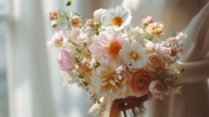 Elegant wildflower wedding bouquet with asymmetrical design, soft natural light, pastel tones, airy background, modern bridal floristry concept. 