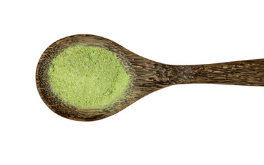 Homemade wild garlic salt made with Allium ursinum leaves, known as ramsons, buckrams, broad-leaved garlic, wood garlic, bear leek or bear's garlic. Herbal salt on wood spoon isolated on white.