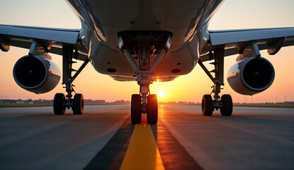 Airplane landing gear touches down on airport runway