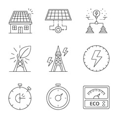 Renewable Energy Icons: A collection of meticulously crafted line art icons that capture the essence of sustainable energy and eco-conscious living. This image is a visual representation of energy