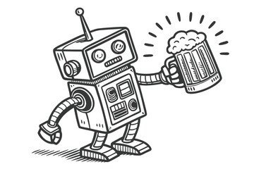  Retro robot holding beer mug, vintage illustration style, black and white sketch, angular design, square head, antenna, mechanical limbs, detailed engraving texture, cute expression, whimsical char