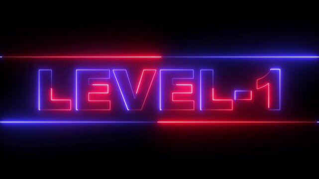 glowing neon Level-1 text inside a horizontal banner on black background. level 1 text icon animation. Neon level up sign. neon next Level text. Game concept next level. 4k video animation.