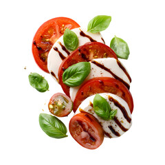Delicious caprese salad tomatoes mozzarella basil balsamic, Isolated on transparent background