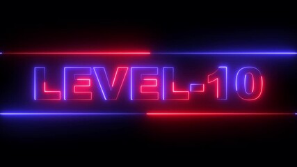 glowing neon Level-10 text inside a horizontal banner on black background. level 10 text icon animation. Neon level up sign. neon next Level text. Game concept next level. 4k video animation. - Powered by Adobe