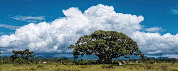 A vast landscape featuring a large tree under a bright blue sky filled with fluffy white clouds, showcasing nature's beauty and tranquility.