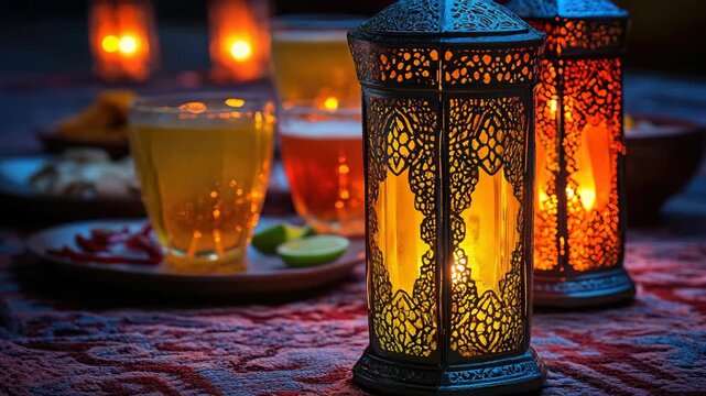 The ambiance is set with warm light from lit lanterns and candles, creating a cozy atmosphere perfect for an intimate dinner.