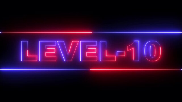 glowing neon Level-10 text inside a horizontal banner on black background. level 10 text icon animation. Neon level up sign. neon next Level text. Game concept next level. 4k video animation.