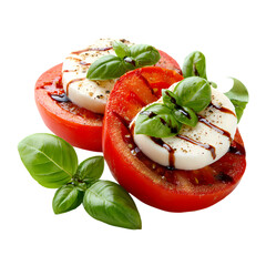Delicious caprese salad tomatoes mozzarella basil balsamic, Isolated on transparent background