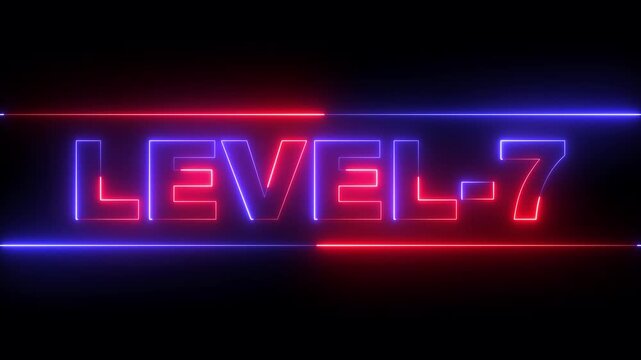 glowing neon Level-7 text inside a horizontal banner on black background. level 7 text icon animation. Neon level up sign. neon next Level text. Game concept next level. 4k video animation.