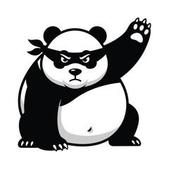 Cute ninja panda bear in black and white with bandana and angry face