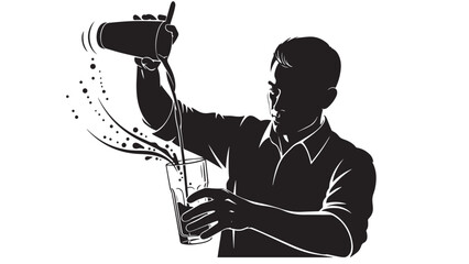 Bold Black And White Silhouette Illustration Of A Bartender Mid-Pour Emphasizing Dynamic Motion, Liquid Trail And Flair Technique