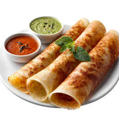 Delicious masala dosa with chutneys south indian food breakfast Isolated on transparent background