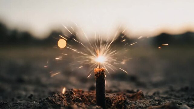 Bright sparks burst from a firecracker stuck in the ground at dusk
