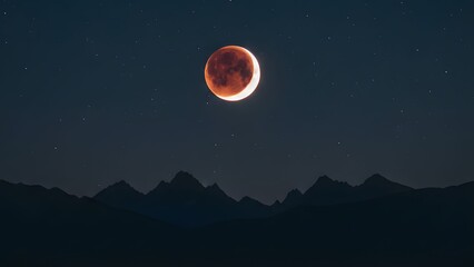 Partial Lunar Eclipse Above Mountain Silhouette at Night