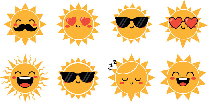 Set of cute sun characters with different emoji expressions, flat vector illustration of happy suns with sunglasses hearts mustache and sleeping faces