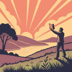 Reading by the lake at sunset