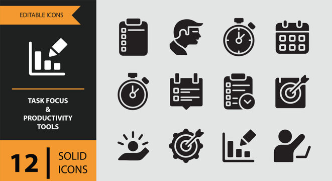 Solid icon set for task focus, productivity tools, time management, and goal achievement