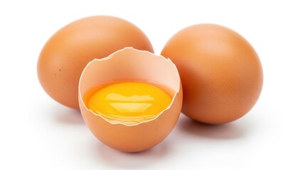 Fresh brown eggs with one opened to show the yolk inside
