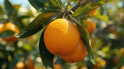 Ripe juicy oranges hang from the leafy branches of a fresh citrus tree in a healthy nature orchard, showcasing vibrant organic fruit ready for agriculture