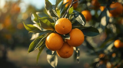 Fresh ripe oranges hang from a leafy branch in a sunny citrus orchard during the summer harvest on a healthy nature farm