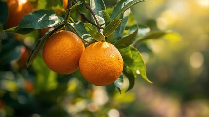 Juicy ripe oranges and fresh green leaves hang from a citrus tree branch in a natural sunlit orchard
