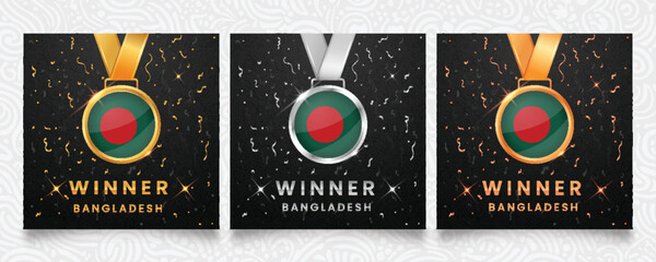 Winner templates for Bangladesh. Medals featuring the Bangladeshi flag design, dark background with gold and silver confetti, and sparkling highlights. Vector illustration.
