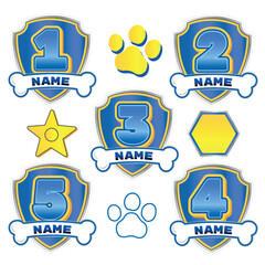 Paw Style Birthday Badges Set. Numbers 1-5 with Name Banner