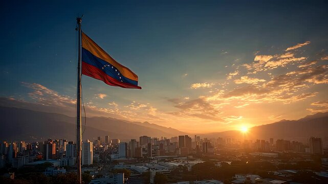 The Venezuelan flag waves above a modern city skyline at sunset