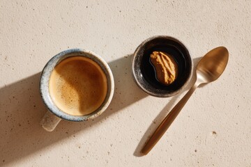 Spoon of miso paste beside espresso cup on clean table